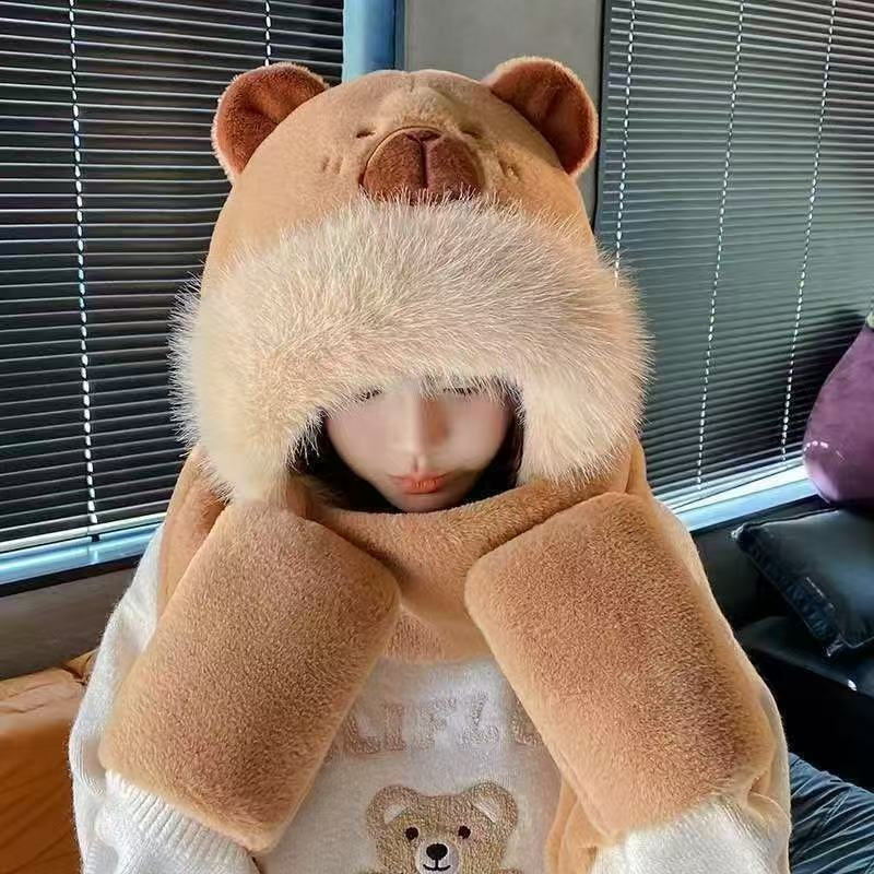 Super cute capybara hat scarf gloves integrated hooded scarf warm cute plush two-in-one hat