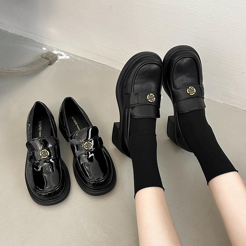 Black British High Heels Women's 2025 Autumn New Platform Heightening Small Leather Shoes One Pedal French Loafers