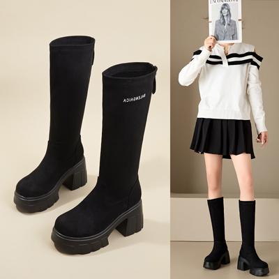 Long Boots Women's 2025 Autumn and Winter New Thick-soled Thick-heeled Knight Boots Korean Version Suede Elastic Thin Boots