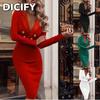 DICFY Women's Fashion Autumn Winter Solid Color Print Long Sleeve V Neck Casual Dresses