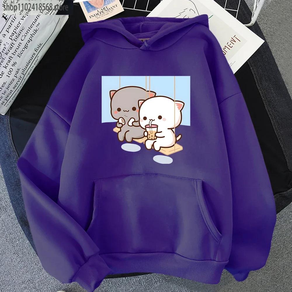 Cute Peach Cat Cartoon Hoodies Bubble Tea Sweatshirt Mujer Camisetas Black Top Winter Kawaii Graphic Long Sleeve Clothing
