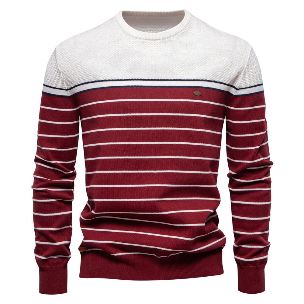 Men's Crewneck Knit Long-Sleeve Sweater Slim Fit Lightweight Casual Patchwork Color Knitted Pullover Fall Winter Warm Striped Sweater for Men