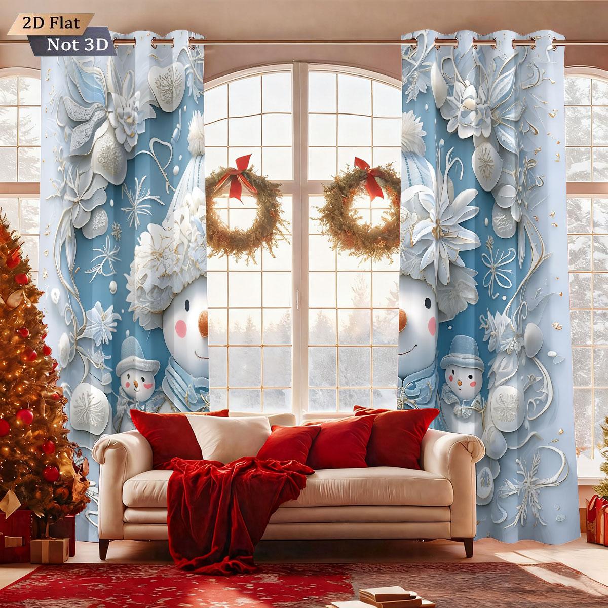 

2Pcs Imitation Relief Christmas Snowman Print Blackout Curtain Multi Size Living Room Insulation Decoration Machine Washable 140x160&Grommet Top