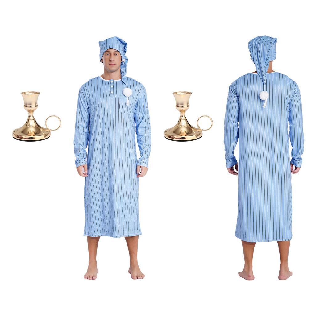 Men's Christmas Pajama Set Striped Sleep Dress Robe with Matching Hat and Candle Holder