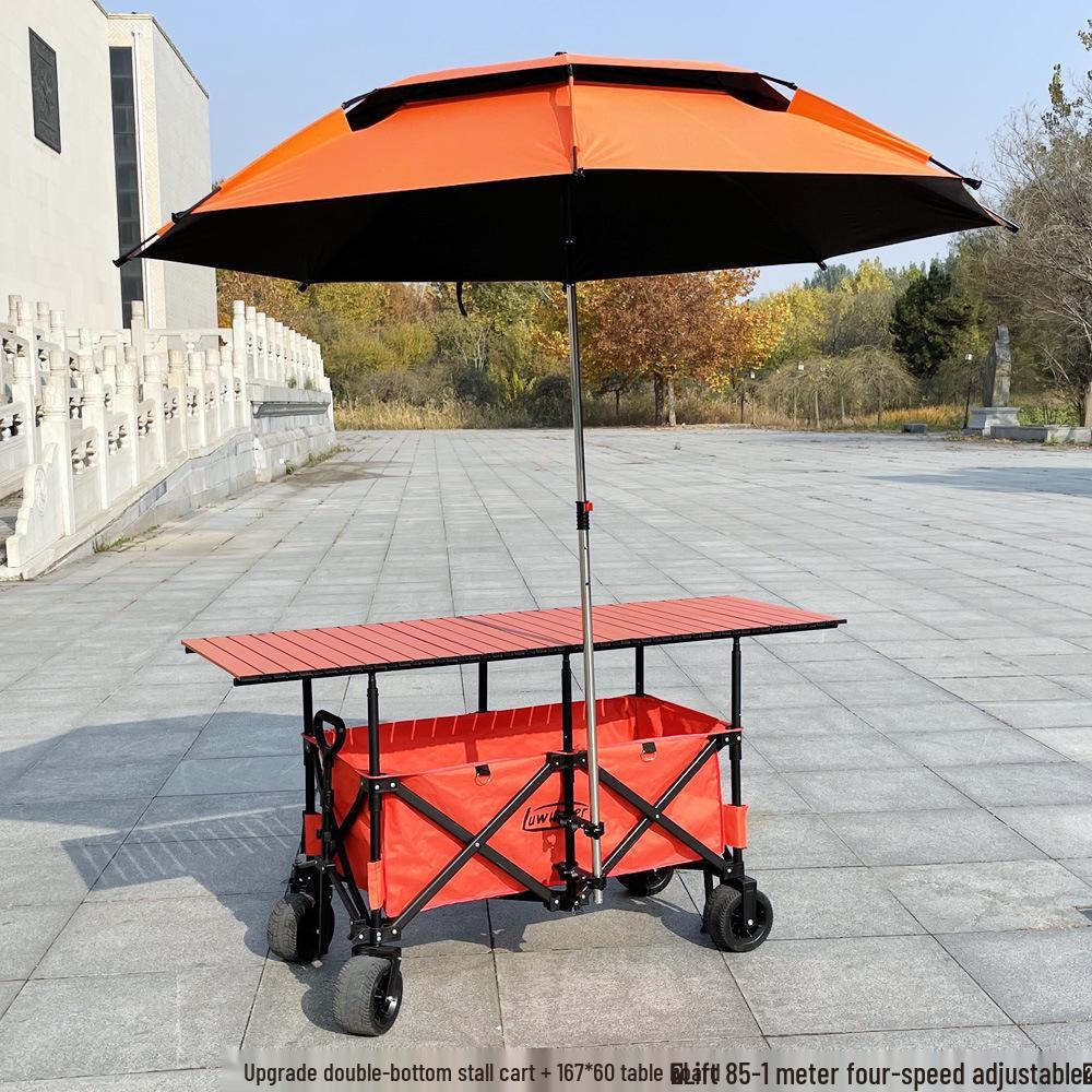 Adjustable Folding Handcart with Umbrella, Elevated Canopy & Table Top for Street Stalls or Camping.