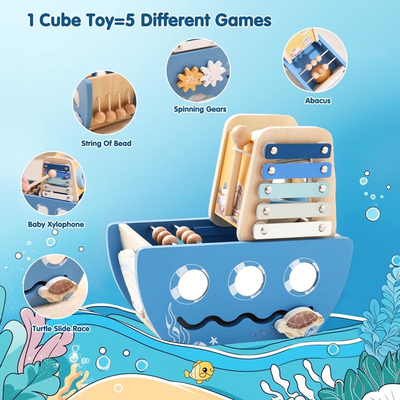 Baby Wooden Montessori Toys Cartoon Wooden Ship Multi-function Game Music Percussion Toy Sensory Educational Toys for  Newborns