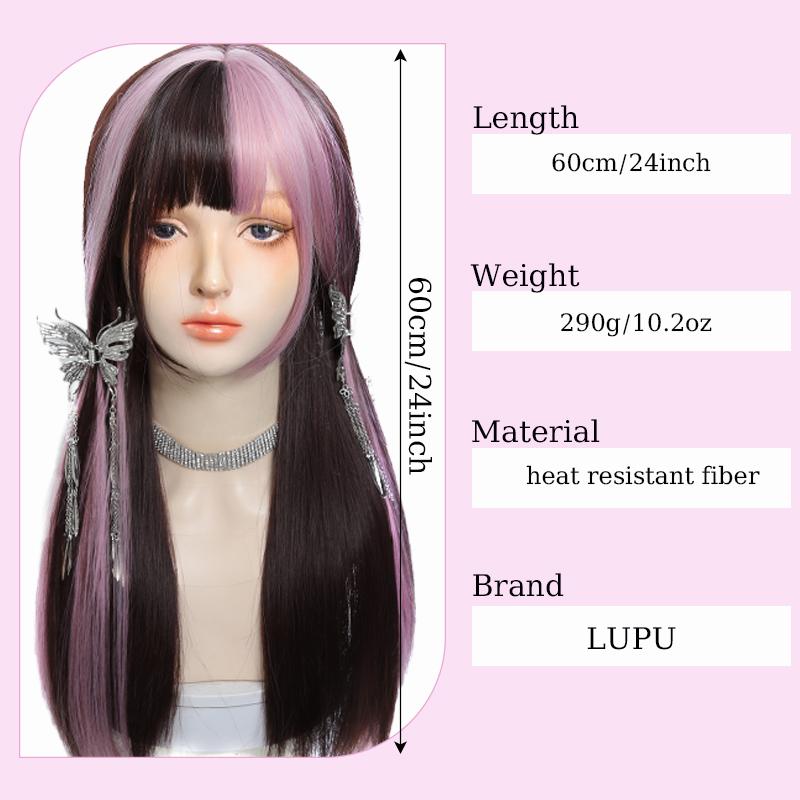 Synthetic Cosplay Wig Pink Highlighted Wig Long Straight Hair with Bangs Heat - Resistant for Women Cosplay & Daily Wear