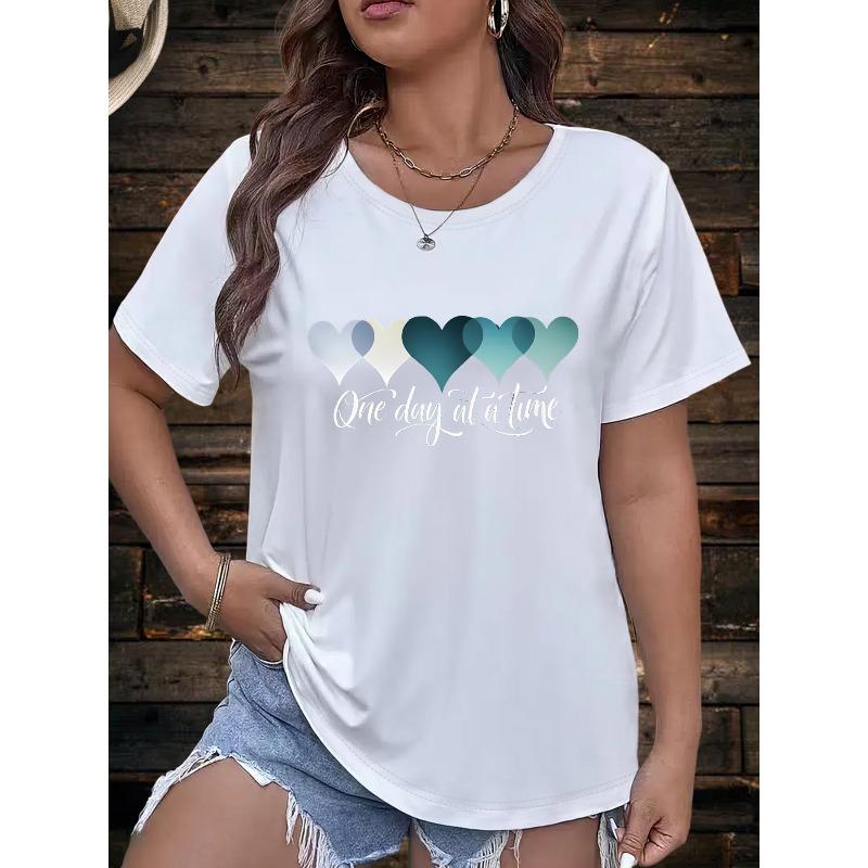 European Size Plus Size, Heart Print European and American Style Plus Size Fashion Round Neck Short Sleeve T-Shirt Women's Pullover