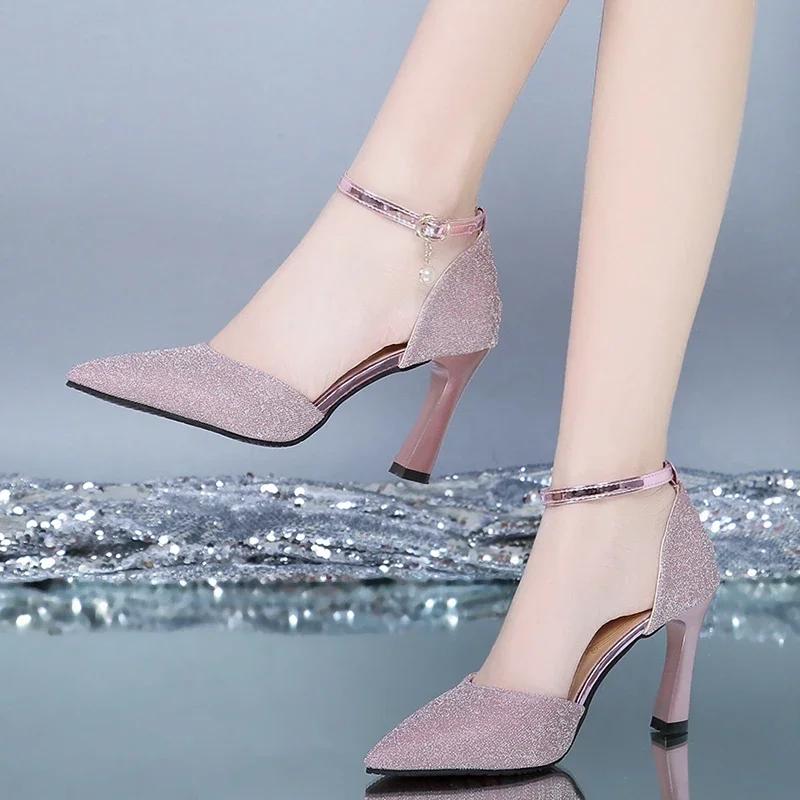 Fashion Thick-heeled High-heeled Shoes Female Fairy Wind Summer New All-match Girl Pointed Toe Strap Sandals for Women’s
