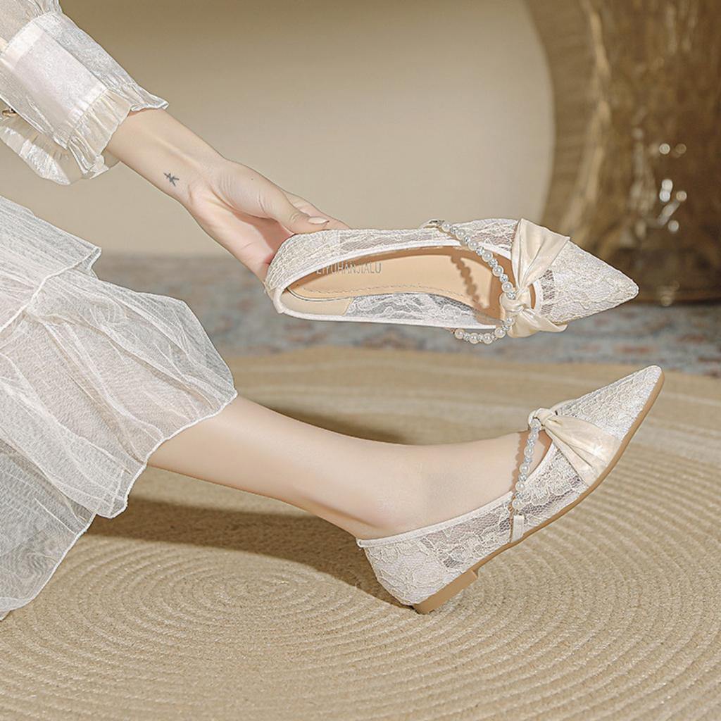 French Style Women's Flat Shoes, New Fairy Style Pearl Bridesmaid Single Shoes, Mesh Breathable and Gentle Sandals for Women