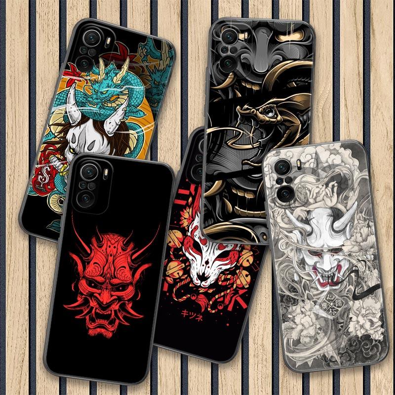 Samurai Oni Mask Tattoo Dragon Art Poco X3 NFC Case For Xiaomi POCO F3 F4 F5 Pro X3 X4 Pro 5G GT X5 M3 M4 M5 C51 C55 Phone Cover