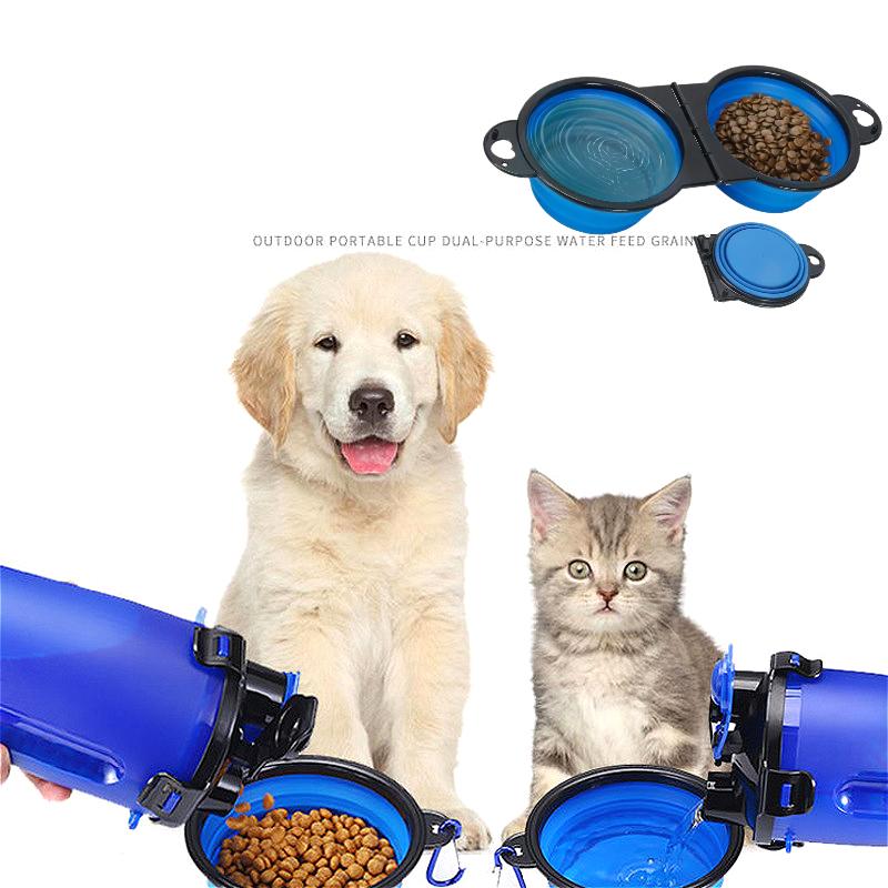 2 in 1 Collapsible Dog Travel Bowl, Double Bowls Folding Dog Food Bowl Water Bowl, Hangable Dog Feeder for Walking Camping