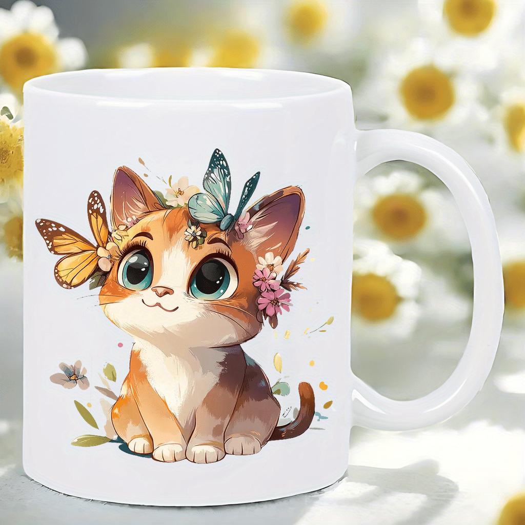 Cute Cartoon Cat Ceramic Mug with Butterfly and Floral Crown Design - Perfect Gift for Cat Lovers and Coffee Enthusiasts