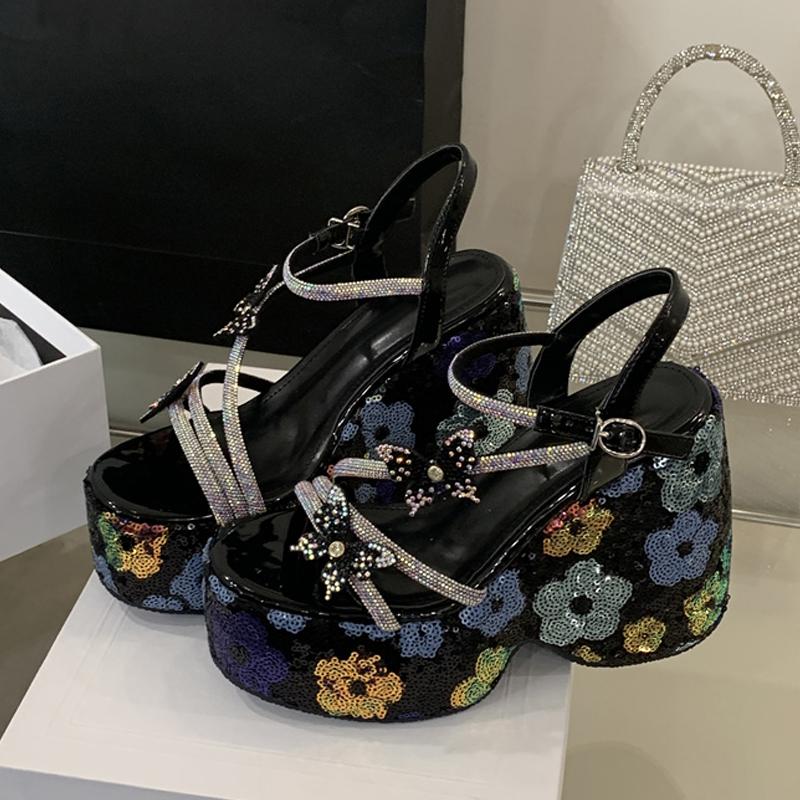 Fashion Liyke New Fashion Sequined Flowers Platform Wedge Sandals Women Open Toe Crystal Rhinestone Butterfly High Heels Party Prom Shoe