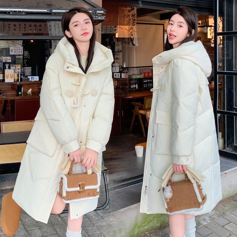 Winter horn buckle thickened large size long down cotton-padded jacket for women over the knee super thick loose cotton-padded jacket