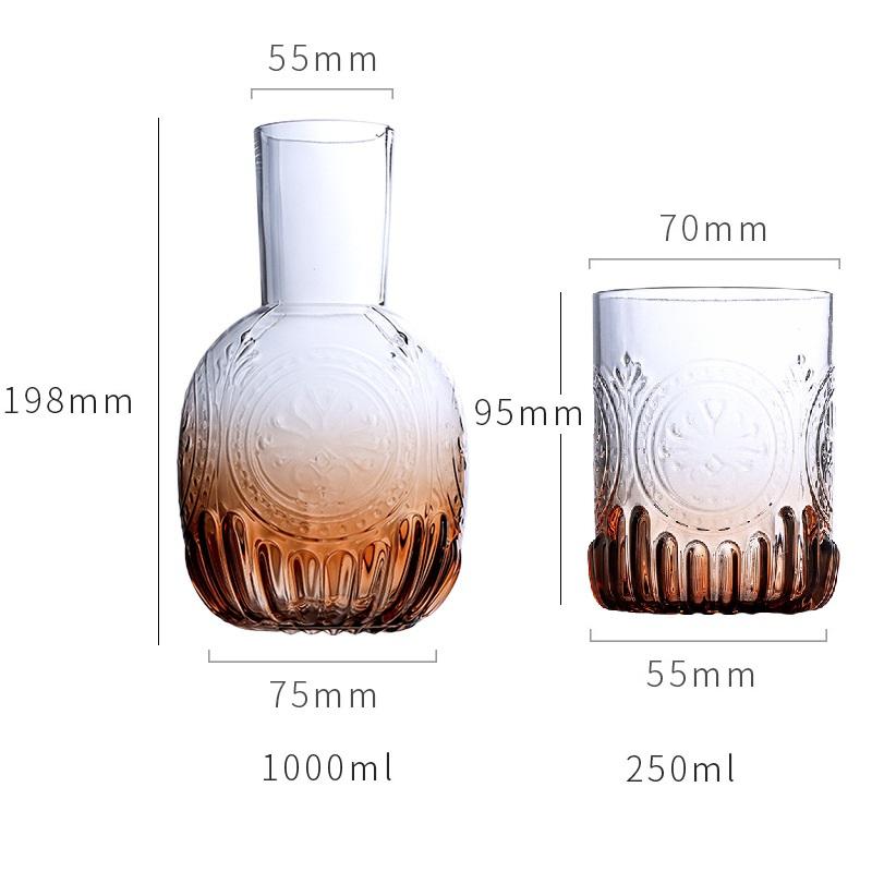 1000ml Glass Bedside Water Carafe with Glass Cups Set Embossed Relief Pattern Carafe Glassware Drinking Vintage Water Pitcher