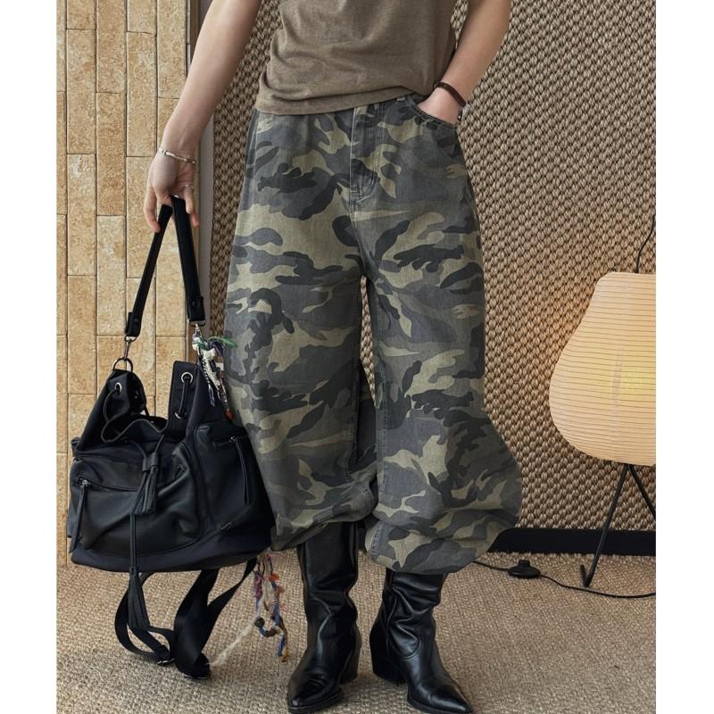 Johnature Bahar Kore Tarzı Retro İş Giysisi Kamuflaj Geniş Bacak Kot Pantolon Bol Kesim Uzun Pantolon Kadınlar İçin
