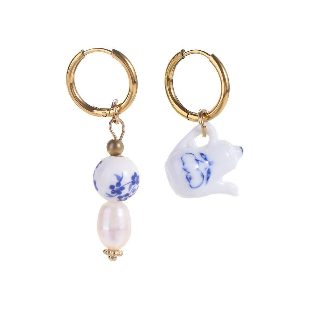Vintage Blue and White Porcelain Earrings Wave Point Elegant Elegant Geometric Earrings Electroplating Geometric