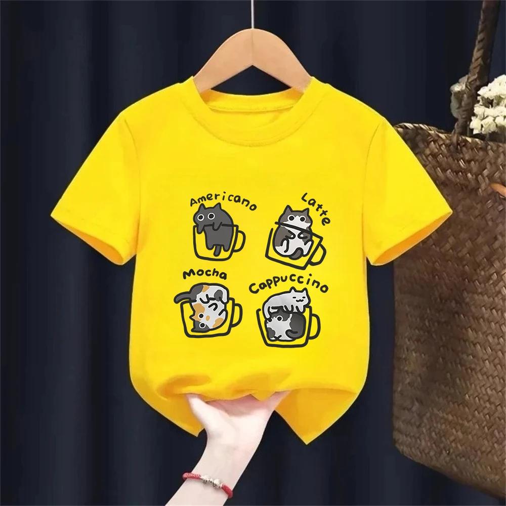 Cat Coffee Pure Cotton Trendy Summer Kids Short Sleeved Tshirt BoyGirl Original Mocha Latte Cat Three Flowers Fun Cat Tees