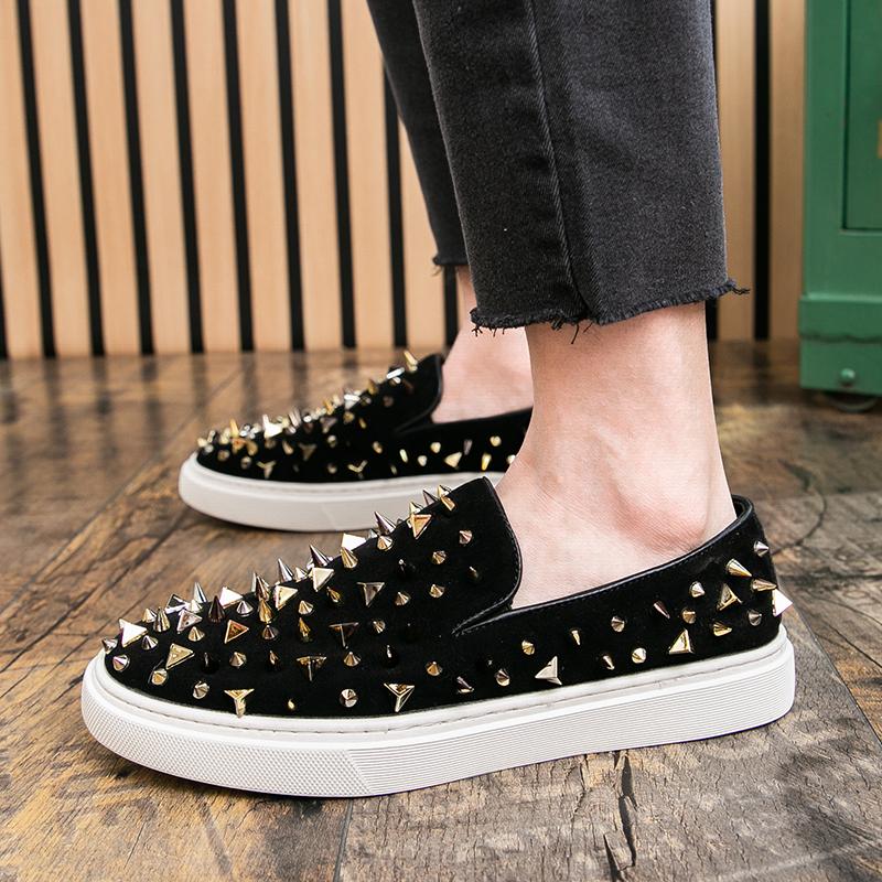 Fashion Trend New Men's Gold Slip On Punk Rivet Loafter Leisure Leather Shoes Male Comfortable Sneakers Tenis Masculino Zapatos Hombre