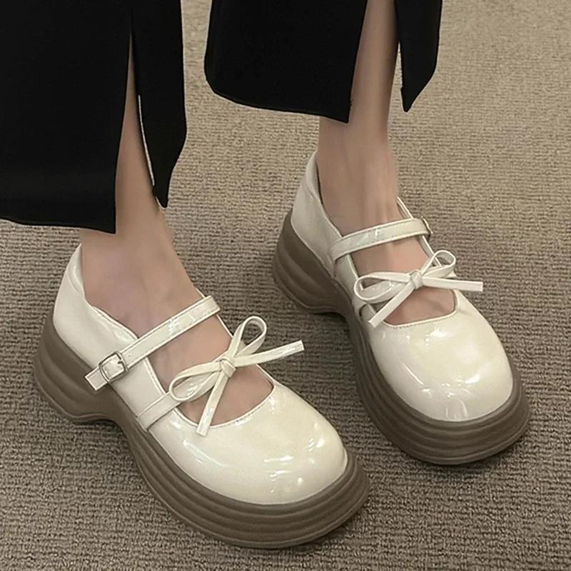 Fashion Black Chunky Platform Mary Jane Shoes for Women 2025 Spring Patent Leather Pumps Woman Thick Bottom Bowknot Lolita Shoes Ladies