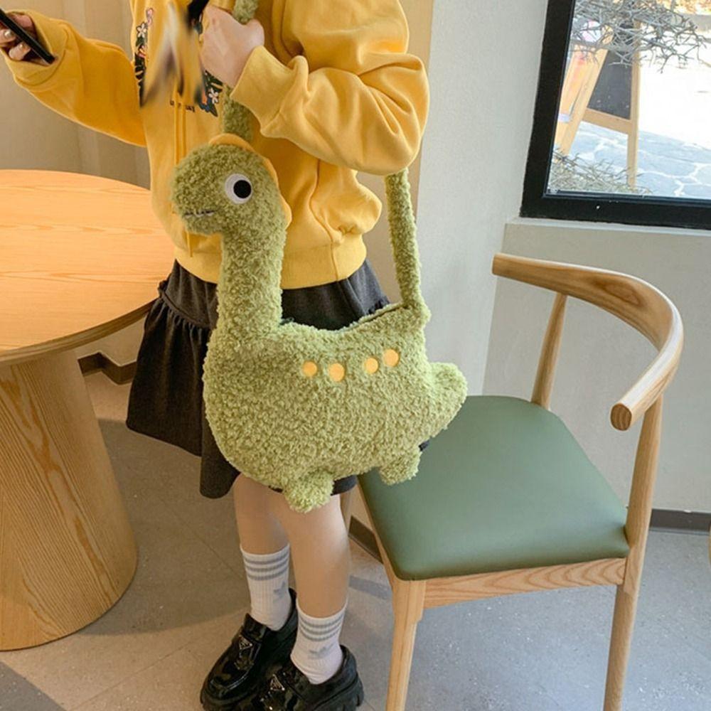 Solid Color Cartoon Crossbody Bag Plush Shoulder Bags Portable Long Neck Dinosaur Bag  Travel