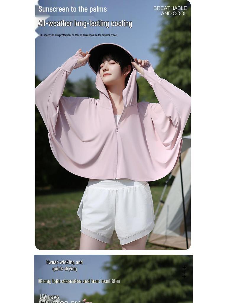UPF50+ Anti-UV Black Sun Protection Shawl for Women, Breathable Ice Silk, Cooling Loose Fit.