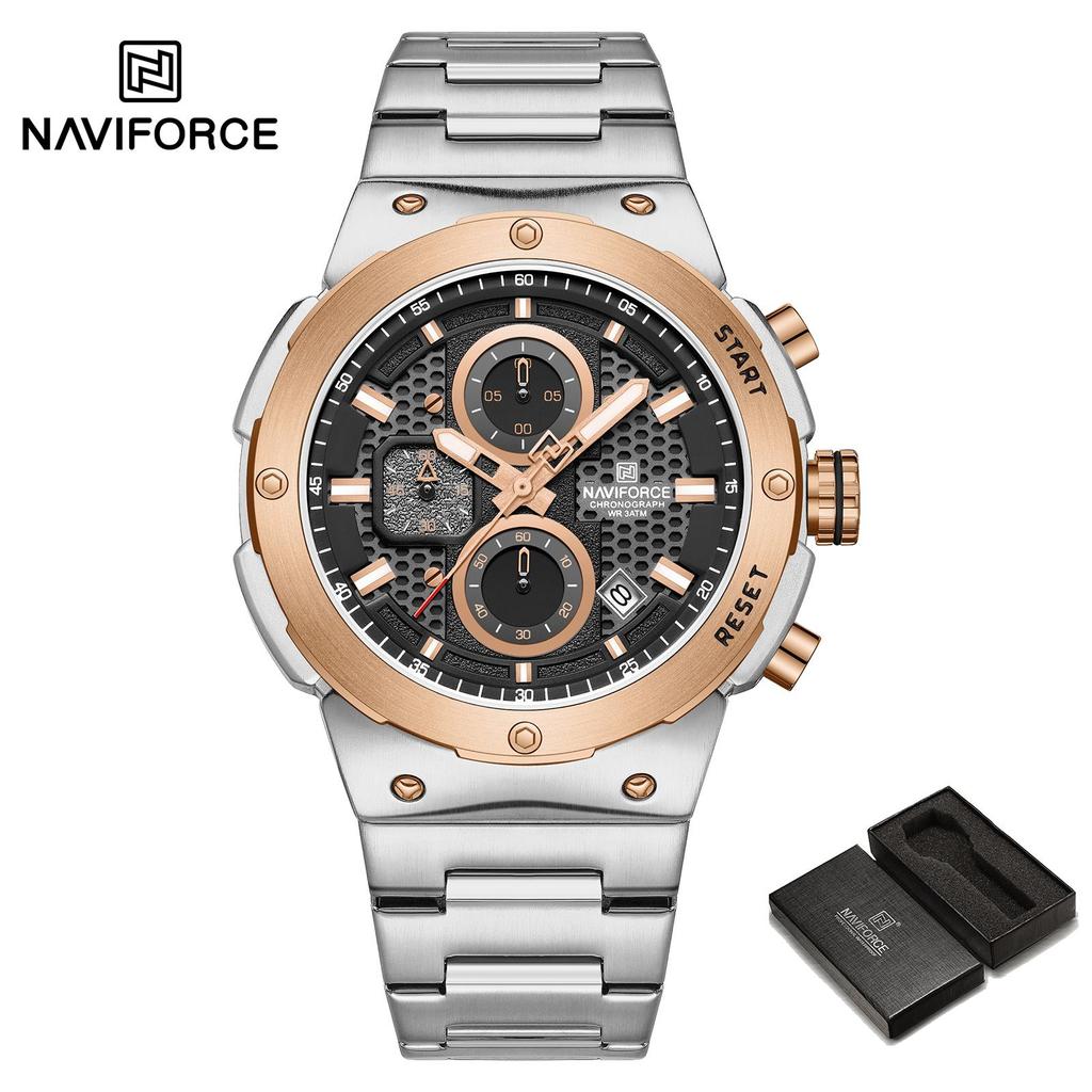 Naviforce Męski Zegarek Kwarcowy Wskazówkowy Stoper Chronograf Wodoodporny Pasek Ze Stali Nierdzewnej Kalendarz Luminescencyjny Męski Chłopięcy Modny Zegarek Casualowy NF8072