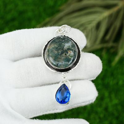 Anniversary Gift For Her Natural Solar Moss Agate Gemstone Pendant 925 Silver