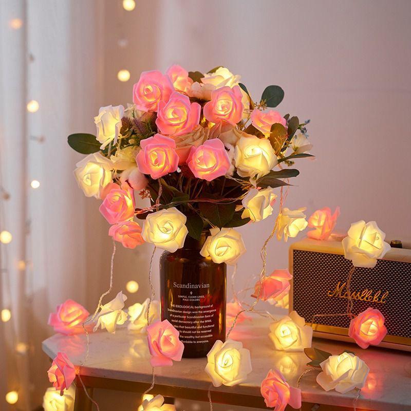 LED Rosa Rosen Lichterkette - Schaumstoffblumen Simulation, Romantische Qixi Dekorationen, Bunte Atmosphärenlichter.