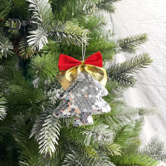 6Pcs Christmas Tree Ornaments Tree Shape Sequin Pendant with Bow for Christmas Trees Walls Doors Parties Wedding Decor