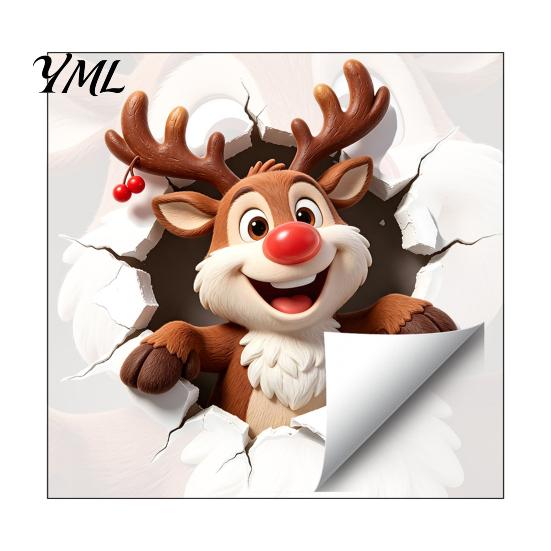 Easy Apply Wall Decals Christmas Reindeer Decal, 3D Hole Illusion Red Nose Rudolph Sticker, Seasonal Window Decorations Peel And Stick Waterproof PVC