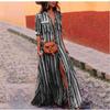 Women's Striped Print Patchwork Short Sleeve Single-breasted Floor-length Dress