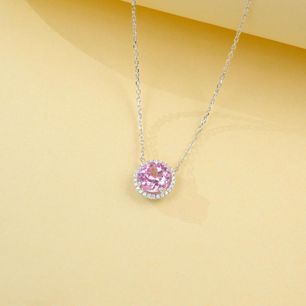 S925 Sterling Silver Diana-Style Pink Sapphire Halo Necklace - Elegant Anniversary Gift for Women