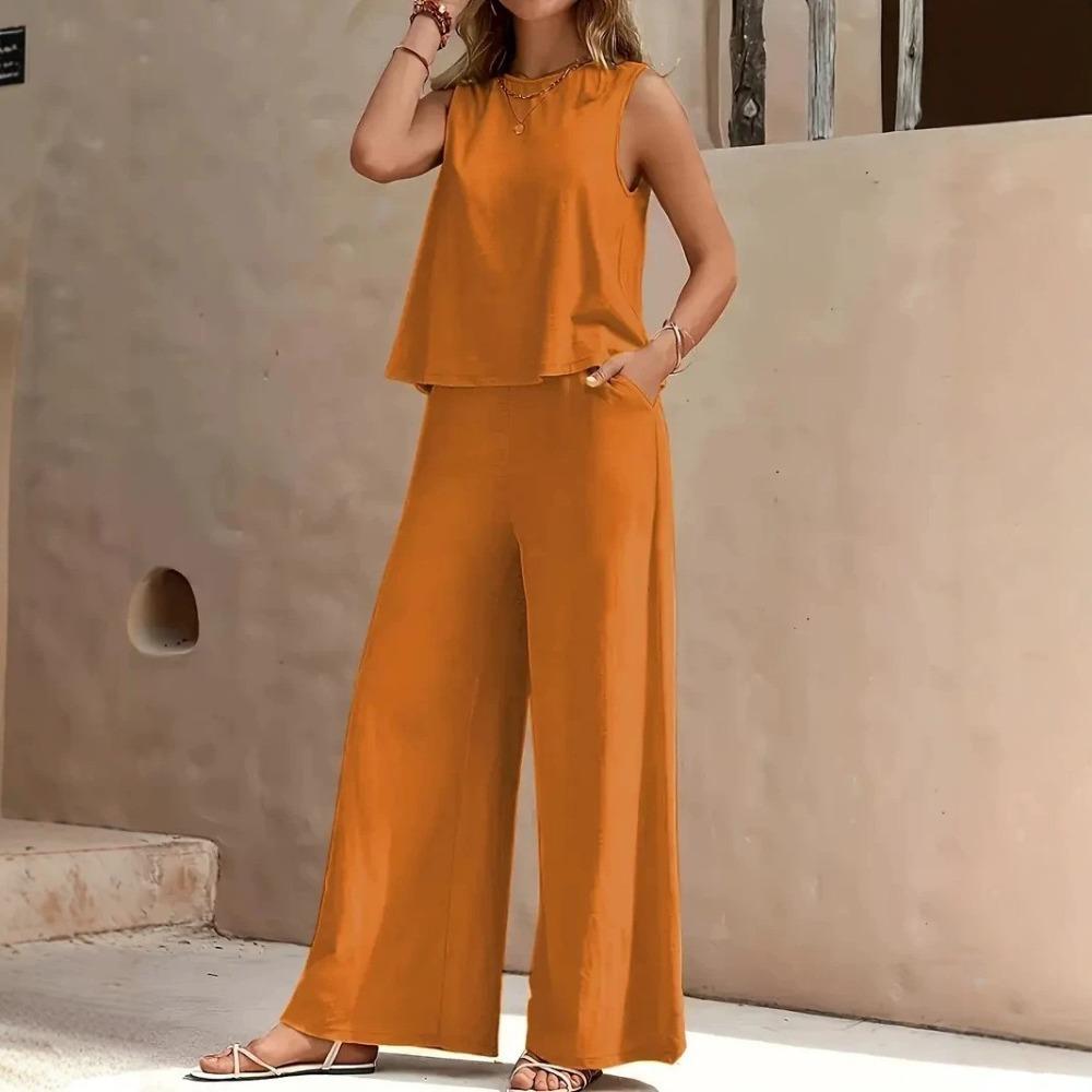 2026 Women's Solid Color Two-Piece Round-neck Blouse and Wide-leg Pants Set