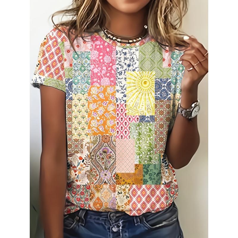 Printed short-sleeved crew neck T-shirt, casual short-sleeved T-shirt, fashionable short-sleeved crew neck top S