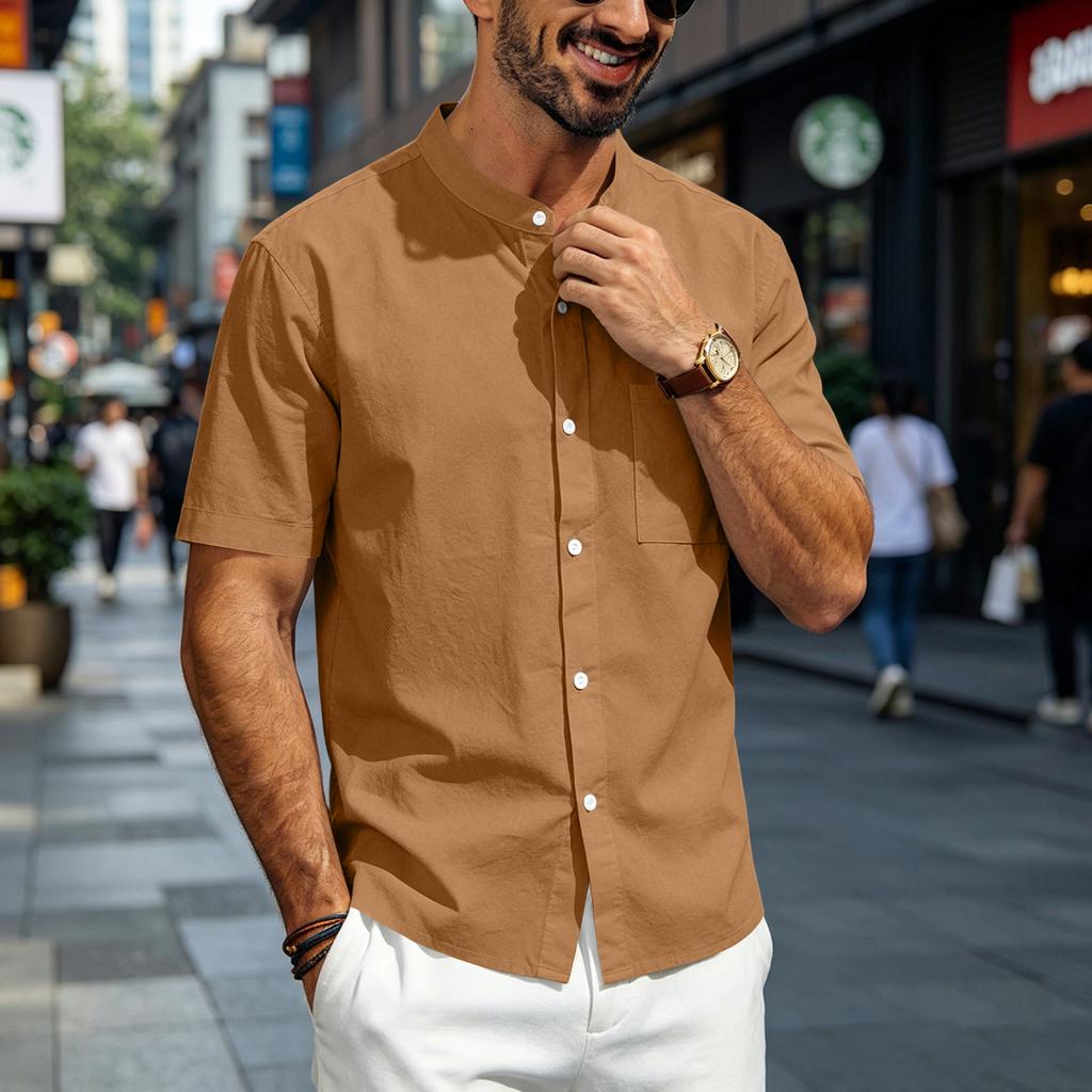Mens Linen Shirt Short Sleeve Stand Collar Casual Loose Fit Breathable Lightweight Button Down Top with Chest Pocket