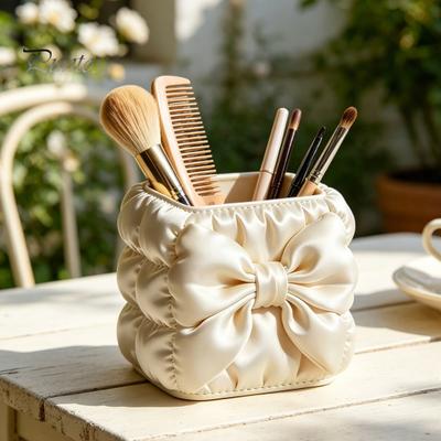 Tubular Pen And Brush Organizer Bow Holder, Silk Texture High-Density Case, Large Design Makeup Holder Capacity Elegant Organizer, for Desktop Storage