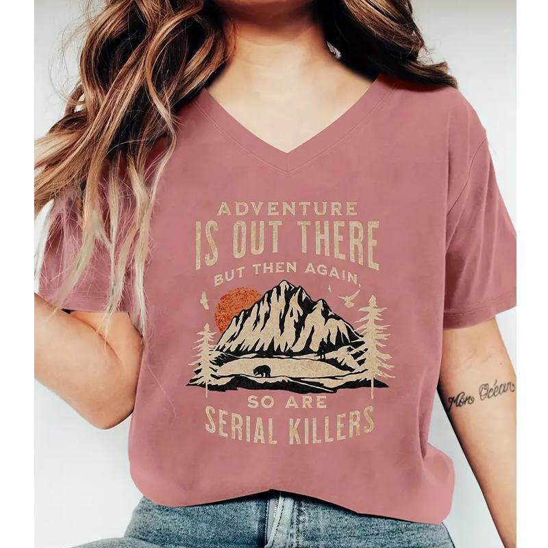 Fashion Mountain Range Painting Blouses Short Sleeved V-Neck T Shirts Casual
