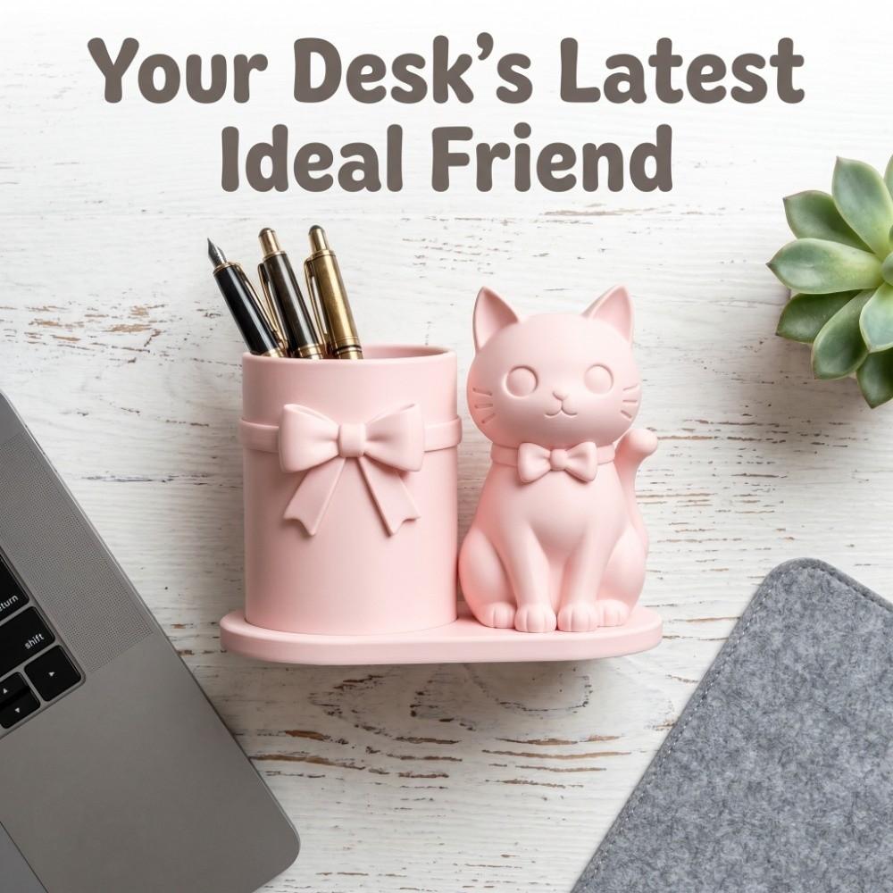 3D Geprinte Katvormige Pennenhouder Plastic Make-upkwast Opbergorganizer Bureau Decoratie