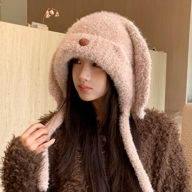 Winter Hat Female Long-eared Rabbit Velvet Thermal Hat Ear Protector Cute Fashionable Versatile Knitted Fluffy Hat