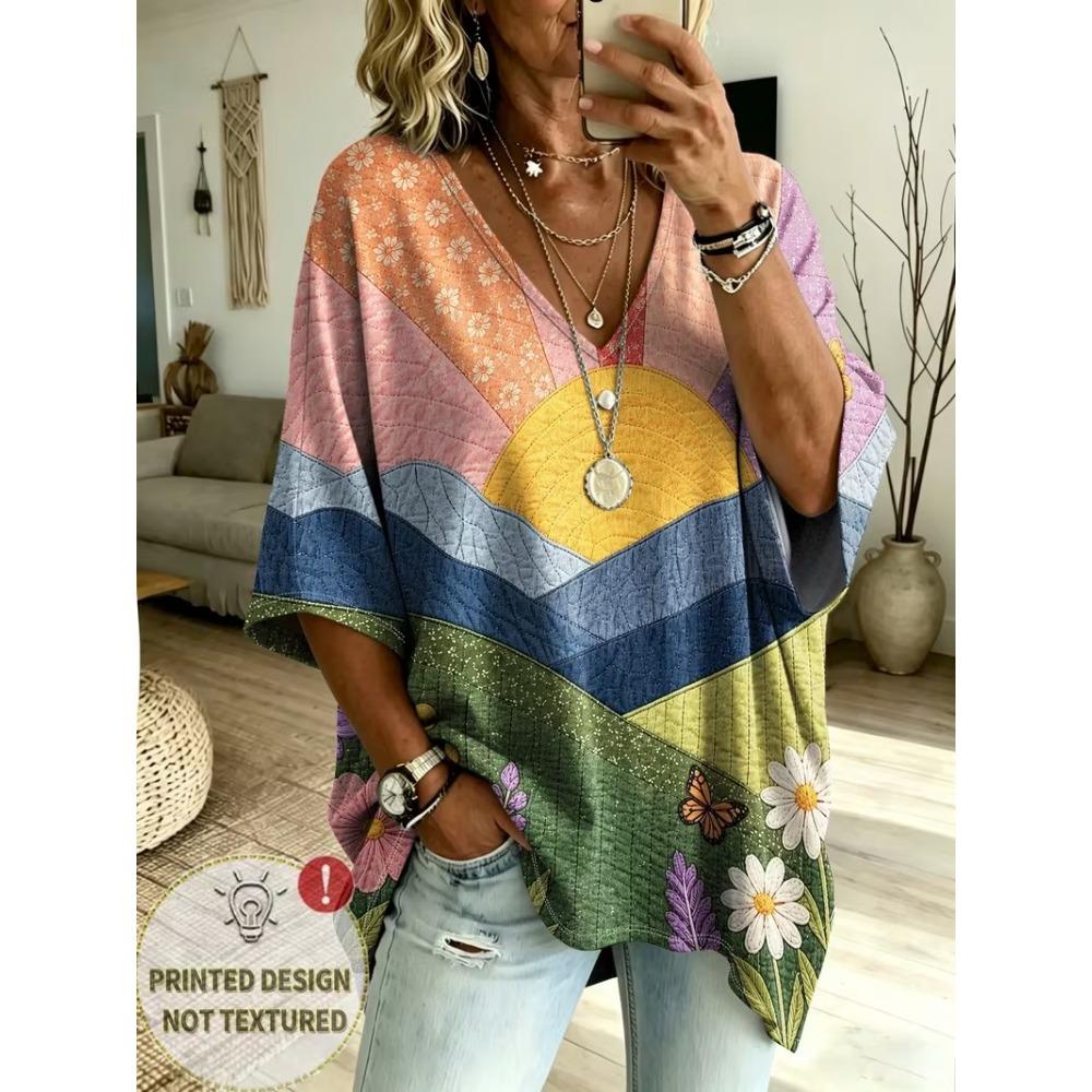 Plus Size Women's Simple Bohemian Pattern Print V-neck Top Three-quarter Sleeve Loose Casual T-shirt