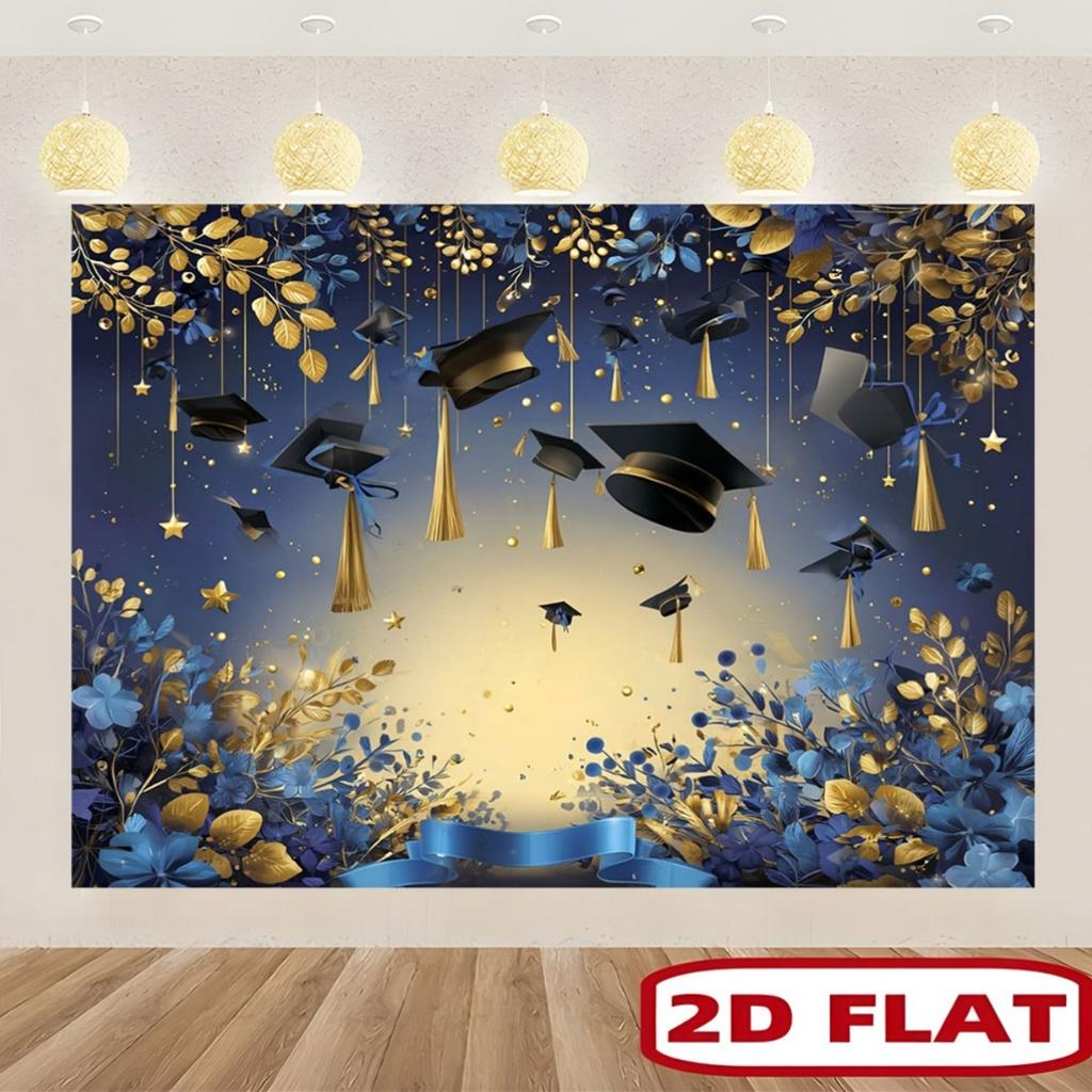 2D Flat 2D Flat - 2D Flat 2D Flat - 1pc 2D Flat Elegant Graduation Backdrop Black Graduation Gold Blue Gold Floral Decor Stars