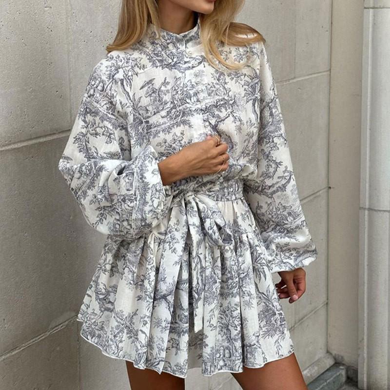 Spring 2025 Elegant Chinese Style Printed Dress with Long Sleeves and Lace-up