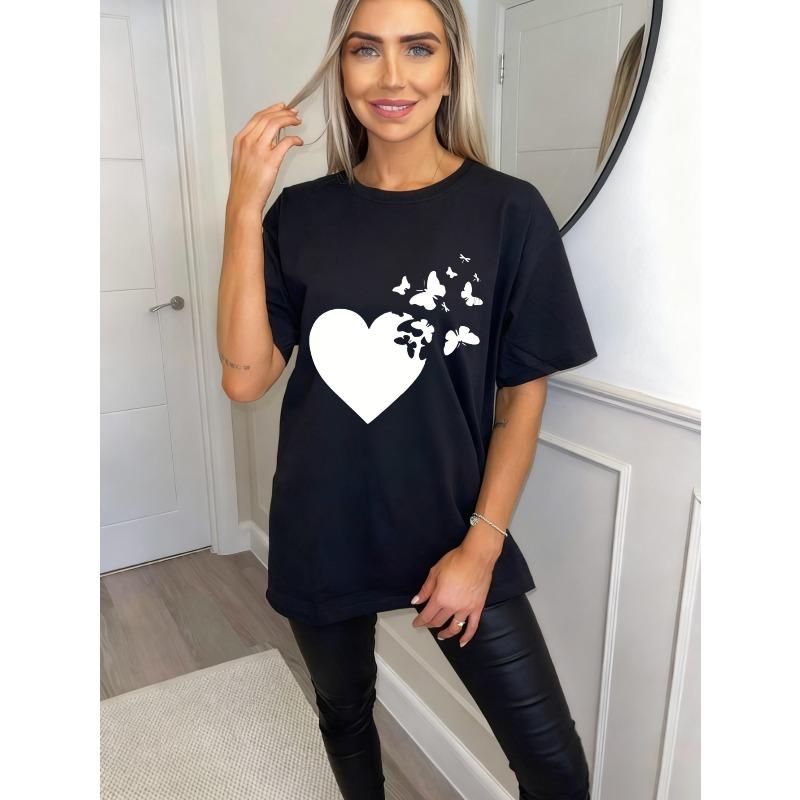 Übergroßes T-Shirt Schwarzes Herz und Schmetterlinge Druck Lässige Sommerbekleidung