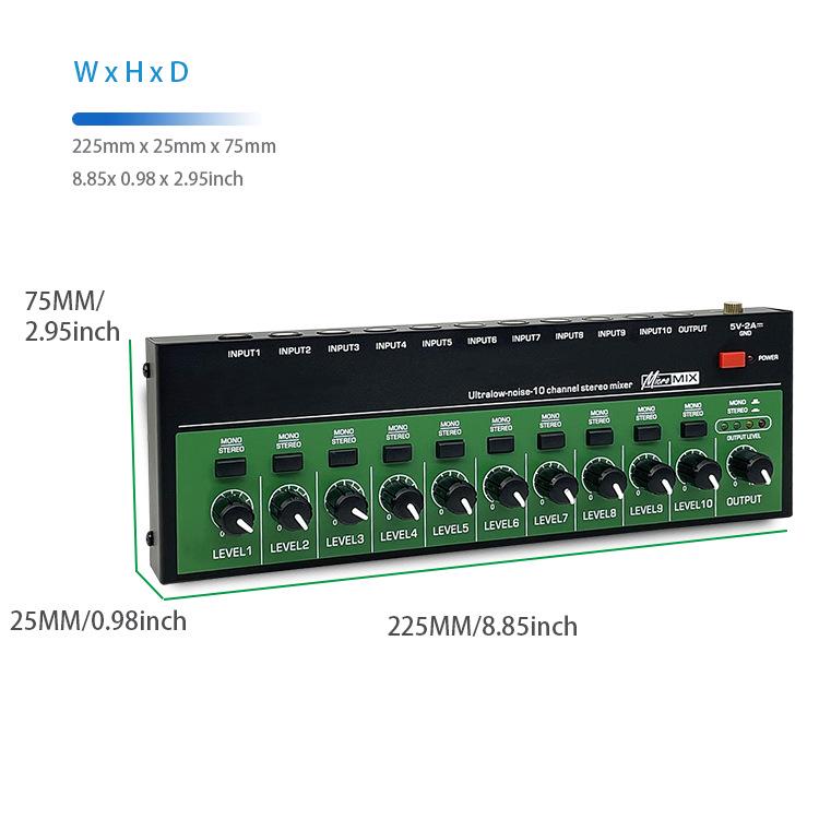 10-Channel Audio Mixer for Musical Instruments and Guitar Amplifier