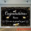 Elegant Graduation Backdrop, Sleek Black and Gold Design with Customizable Name, Graduation Icons and Twinkling Lights, Festive Party Wall Decor