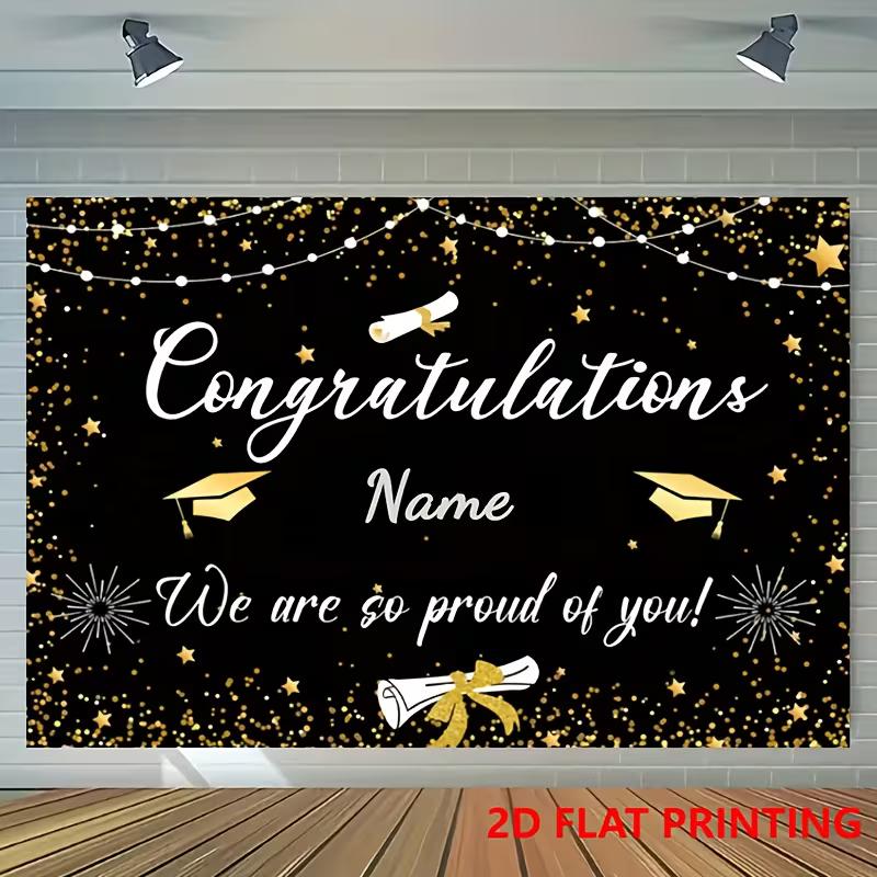 Elegant Graduation Backdrop, Sleek Black and Gold Design with Customizable Name, Graduation Icons and Twinkling Lights, Festive Party Wall Decor