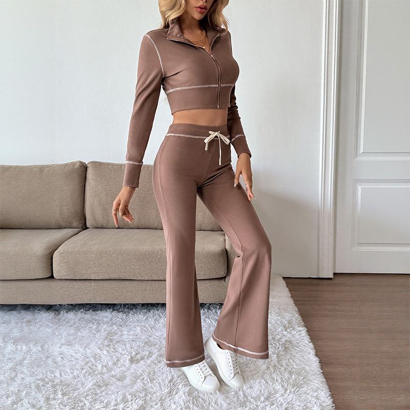 

Женский костюм-двойка в стиле кэжуал, состоящий из модного спортивного плаща с длинными рукавами и повседневных брюк. XL кофейный/коричневый