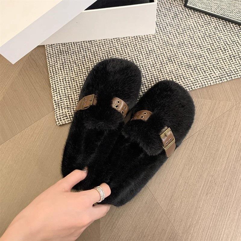 Mink Hairy Shoes Women Wear 2025 New Autumn and Winter Fairy Wind One Pedal Bean Shoes Women's Flat-bottomed Velvet Cotton Shoes